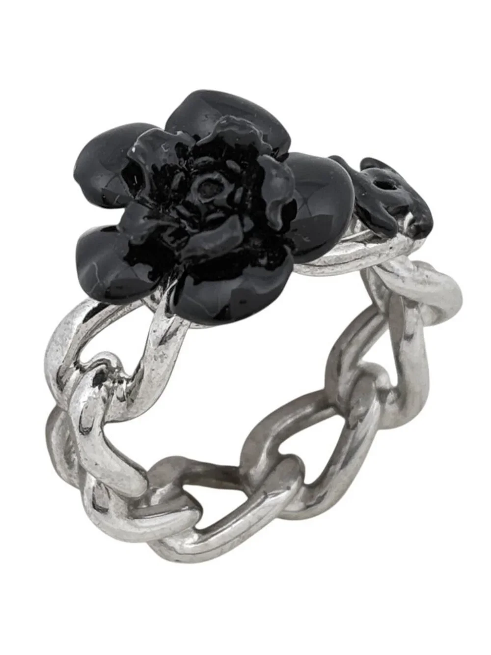 Chanel Ring CC Logo Camellia Silver Plated Black